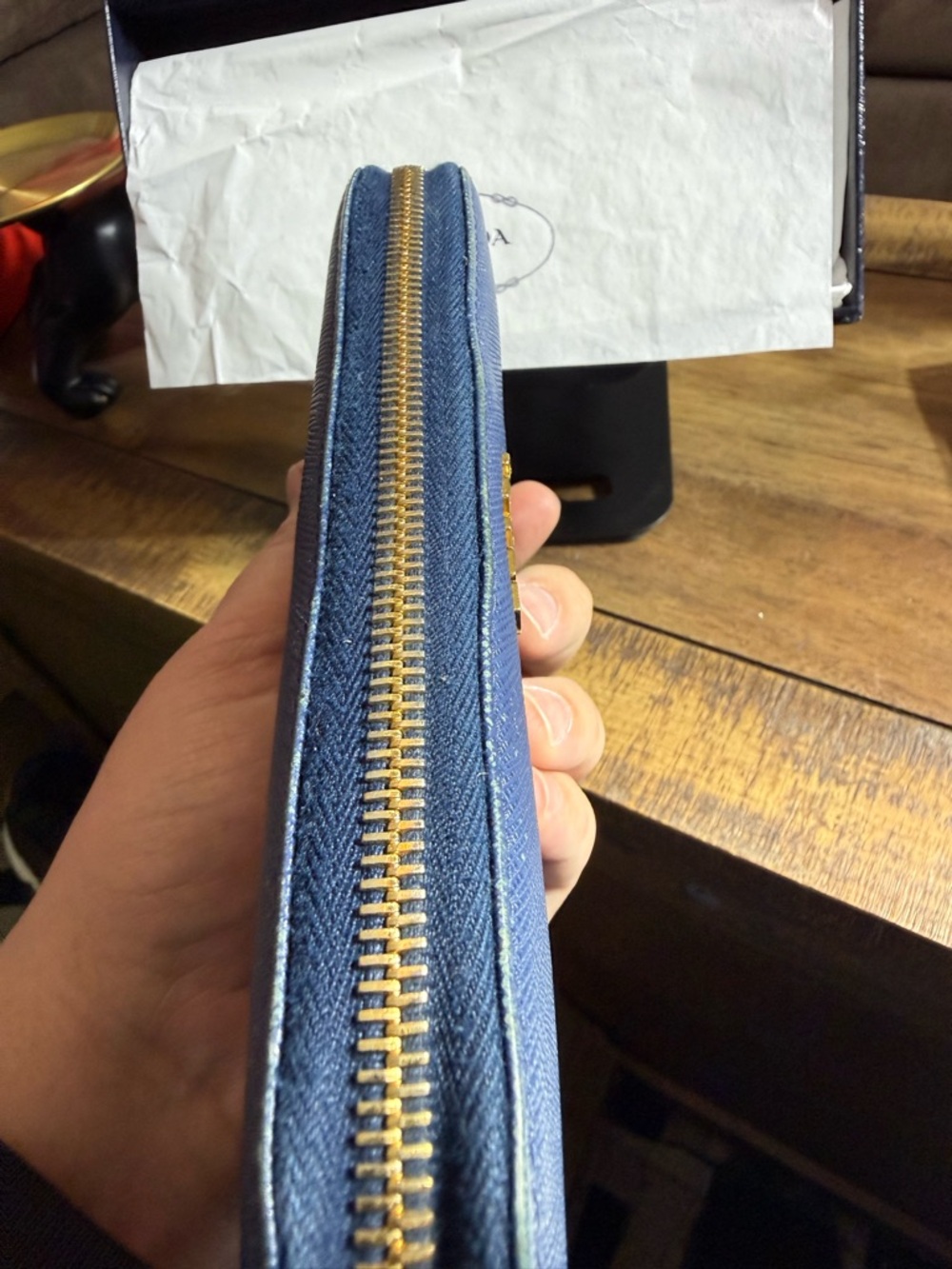 Prada Blue Saffiano Leather Zip Wallet with Gold Logo - Picture 7 of 16